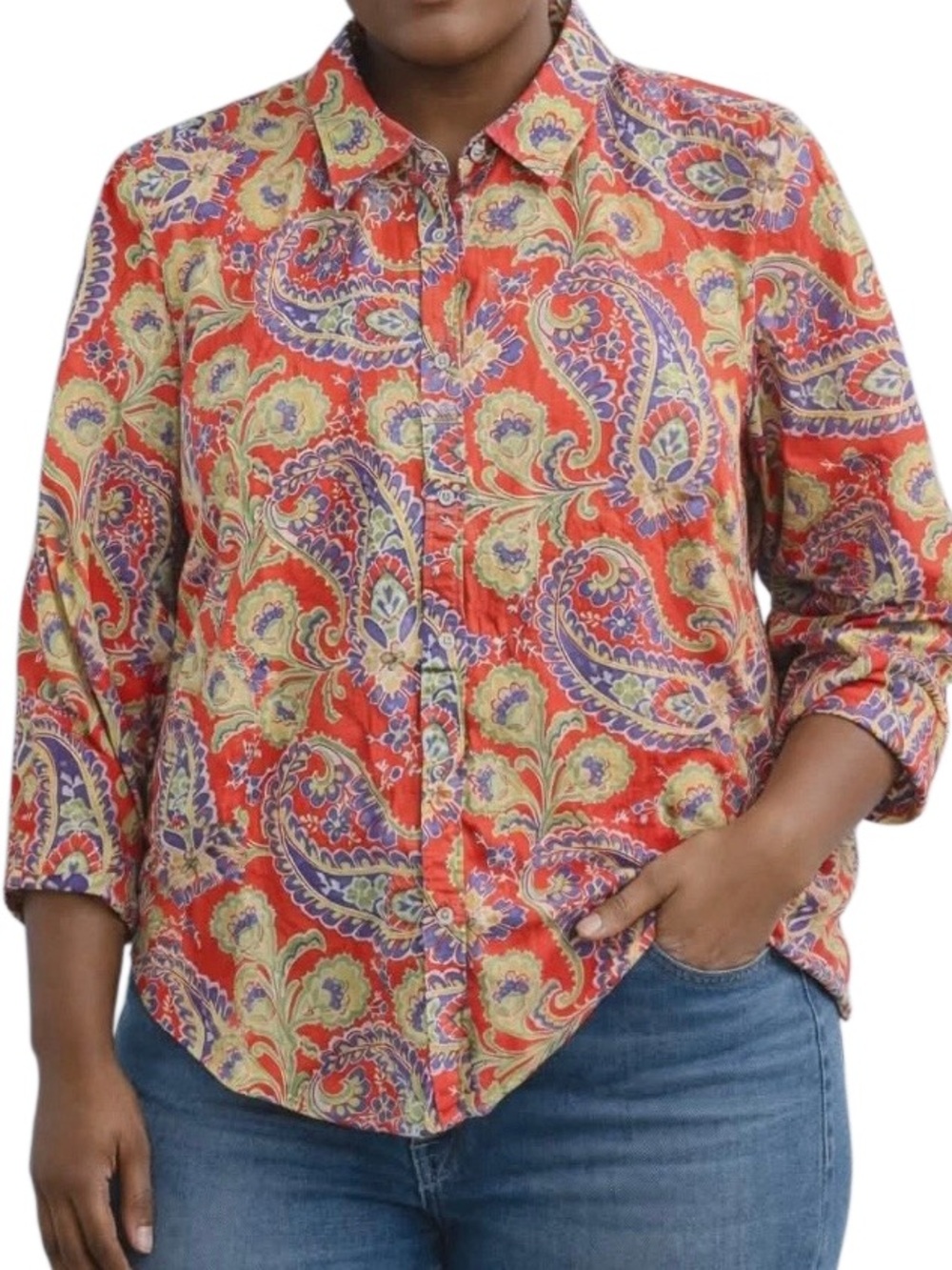 Lauren Ralph Lauren Paisley 3/4 Sleeve Button Down in Orange/Purple Women’s 2X